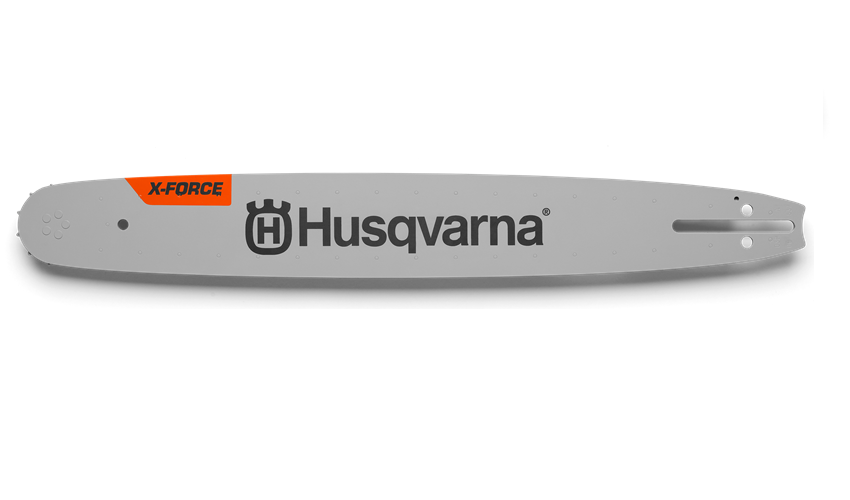 Prowadnica Husqvarna 15/.325/1,5 mm/64DL w kolorze szarym, z logo Husqvarna i napisem X-FORCE. Ujęcie frontalne, leżąca. Widoczne otwory mocujące i struktura powierzchni. Produkt nowy, bez dodatkowych akcesoriów na jednolitym tle.