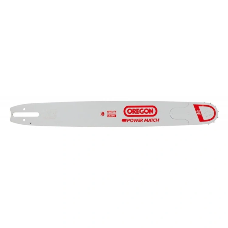 Prowadnica 15/3/8/1,5mm/56DL Power-Match Oregon w kolorze szarym z czerwonym logo. Ujęcie frontalne, produkt leżący. Widoczny kształt prowadnicy oraz otwory montażowe. Gładka powierzchnia, długa konstrukcja zapewniająca precyzyjne cięcie.