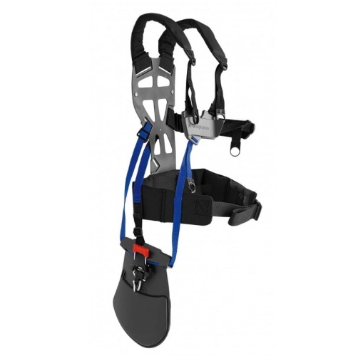 Szelki Trio Balance X do kos Husqvarna, z metalowym stelażem i nylonowymi paskami w niebieskim kolorze. Produkt widoczny z przodu, w pozycji wiszącej. Detale obejmują plastikowy zamek i miękkie poduszki na ramionach dla komfortu użytkowania.