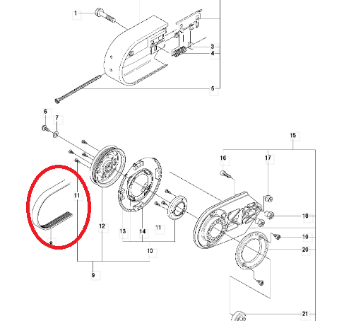 Pasek napędowy do przecinarki K750/K760 w formie schematu technicznego. Posiada prostokątny kształt, wykonany z materiału syntetycznego. Widoczna jest jego faktura oraz numer katalogowy. Część przedstawiona w czerwonym obrysowaniu.