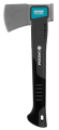 Siekiera GARDENA 900B z metalowym szarym ostrzem (16 cm) i czarnym, ergonomiczny, teksturowanym uchwytem z otworem do zawieszenia. Waga 900 g, zdjęcie boczne na jednolitym tle.