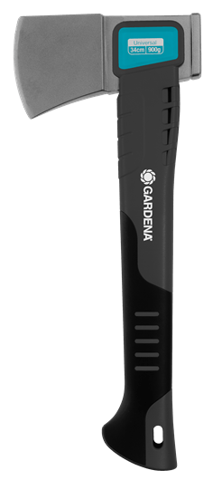 Siekiera GARDENA 900B z metalowym szarym ostrzem (16 cm) i czarnym, ergonomiczny, teksturowanym uchwytem z otworem do zawieszenia. Waga 900 g, zdjęcie boczne na jednolitym tle.