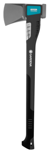 Siekiera rozłupująca GARDENA 2800S z czarną rączką, plastikowymi wstawkami i stalową, szarą głowicą. Front, pionowo, z widocznym logo GARDENA. Ergonomiczny uchwyt dla wygody użytkowania.