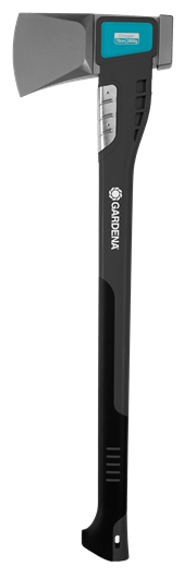 Siekiera rozłupująca GARDENA 2800S z czarną rączką, plastikowymi wstawkami i stalową, szarą głowicą. Front, pionowo, z widocznym logo GARDENA. Ergonomiczny uchwyt dla wygody użytkowania.