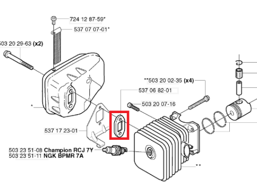 Uszczelka tłumika nożyc Husqvarna 325HD60/325HD75/325HS99/323HD60, w kolorze czarnym, przedstawiona z boku. Element o prostokątnym kształcie z widocznymi otworami mocującymi. Tło białe, co ułatwia identyfikację detali.