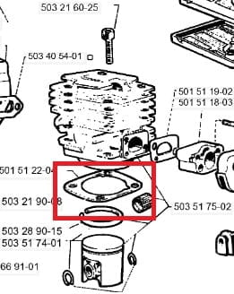 Uszczelka cylindra Jonsered 630/625/670, czarna, prostokątna z wycięciami, nowa. Na rysunku technicznym silnika wskazuje miejsce montażu, bez uszkodzeń.