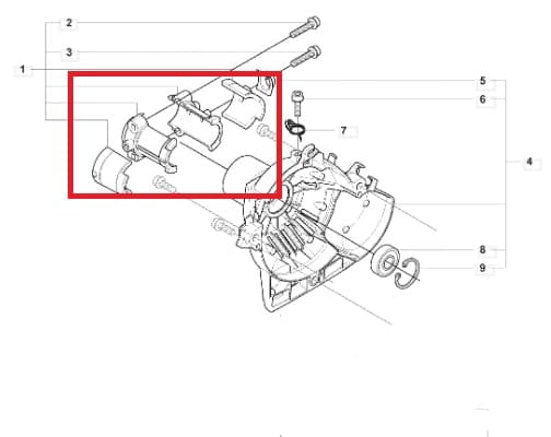 Tuleja kosy 323R Husqvarna, widoczna w zbliżeniu, pokazująca detale mocowania. Produkt metalowy, o prostokątnym kształcie z wyraźnymi otworami na wkręty. Element montażowy z zestawem śrub widocznym obok. Tło proste, białe.