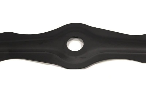Czarny nóż kosiarki Weibang, trwały, aerodynamiczny, z okrągłymi otworami mocującymi. Leży na jednolitym tle. Do kosiarek 49 cm.