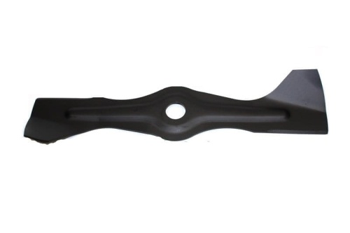 Nóż kosiarki Weibang o długości 49 cm, w kolorze czarnym, wykonany z metalu. Prezentowany w pozycji leżącej, ukazuje widok z przodu z centralnym otworem montażowym. Krawędzie narzędzia są delikatnie szlifowane dla efektywnego cięcia.