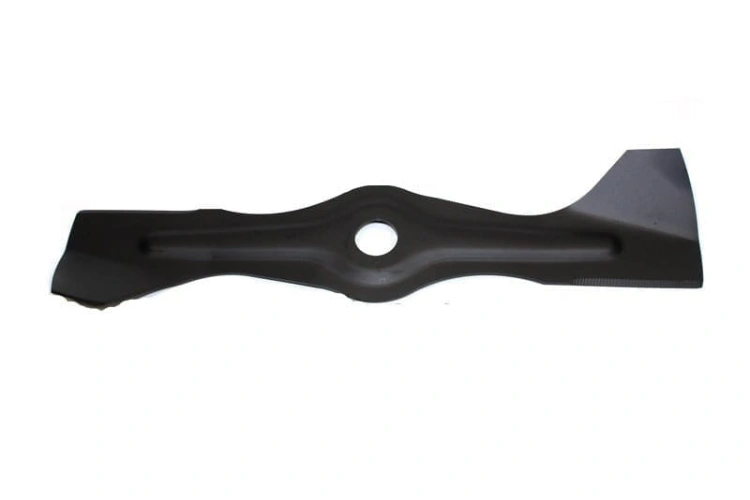 Nóż kosiarki Weibang o długości 49 cm, w kolorze czarnym, wykonany z metalu. Prezentowany w pozycji leżącej, ukazuje widok z przodu z centralnym otworem montażowym. Krawędzie narzędzia są delikatnie szlifowane dla efektywnego cięcia.