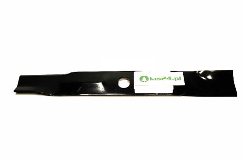 Nóż do kosiarki Murray o długości 46 cm, wykonany z czarnej stali, z centralnym otworem. Produkt leży poziomo na jednolitym tle. Widoczne logo z zielonym symbolem oraz napis na białym tle. Kształt z wyraźnie zaznaczonymi krawędziami.