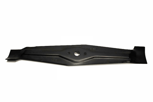 Nóż do kosiarki Stiga o długości 48 cm, w kolorze czarnym z metalicznego materiału. Frontalny widok ukazuje odpowiednio wyprofilowaną ostrze w kształcie prostokąta z otworem na mocowanie. Prosta kompozycja na białym tle.