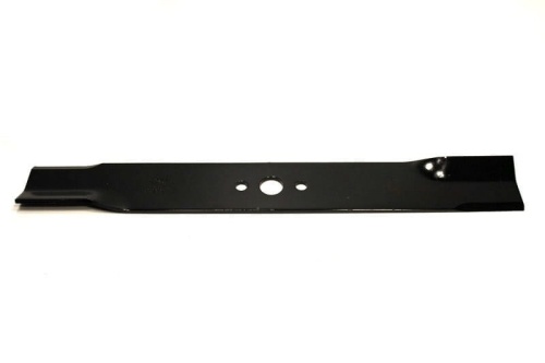 Nóż kosiarki Yamaha, stalowy, czarny, długość 45,5 cm, prosty, z otworami montażowymi, lekko zaokrąglone końce, do efektywnego cięcia trawy.