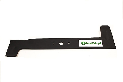 Nóż kosiarki Castel Garden o długości 47,2 cm, wykonany z czarnej stali. Widoczny otwór montażowy i prostokątna forma. Produkt leży na jasnym tle, co podkreśla jego kształt i kolor. Zawiera logo las24.pl w kolorze zielonym.