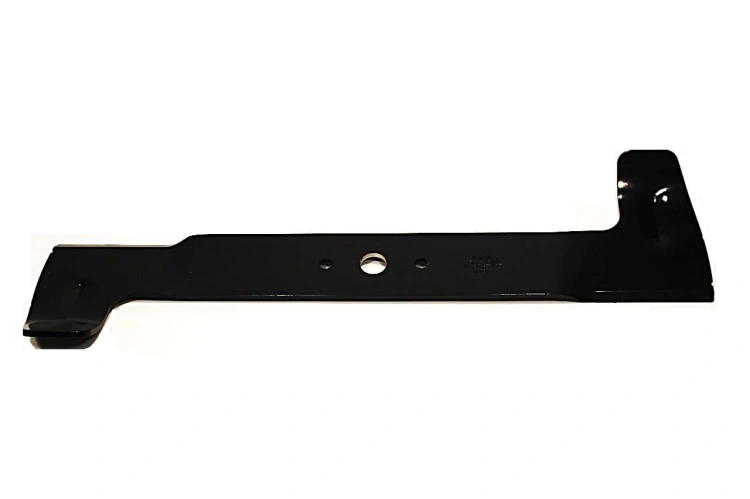 Nóż kosiarki Honda o długości 45,9 cm, wykonany z metalowego materiału w kolorze czarnym. Prezentowany z boku, leżący na jednolitym tle. Posiada otwór do mocowania oraz charakterystyczny kształt, bez dodatkowych zdobień.