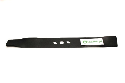 Nóż kosiarki Nac Einhell o długości 50 cm w kolorze czarnym. Posiada trzy otwory montażowe. Przedstawiony z boku na jednolitym tle, zamontowany w pozycji leżącej. Cechy: prosty kształt, gładka powierzchnia, materiał metalowy.