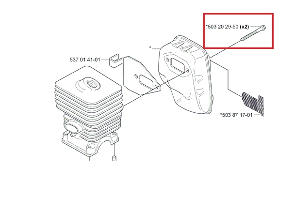 Śruba tłumika do kosy Husqvarna 323R, metalowa, w jasnym kolorze, z widocznymi numerami części. Łącznik prosty, z gwintem na obu końcach, widoczny z boku, wskazujący na montaż. Element w schemacie montażowym, na białym tle.