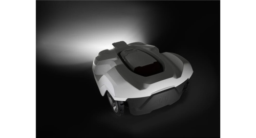 Zestaw reflektorów do robota koszącego Automower Husqvarna, widoczny z boku, na ciemnym tle. Produkt w kolorze białym z gładką, matową powierzchnią. Reflektory umieszczone na górze, o zaokrąglonym kształcie, z widocznym logo Husqvarna.