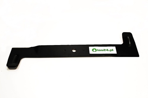 Nóż kosiarki Star Jet o długości 52 cm w kolorze czarnym, widok frontalny. Produkt leży na białym tle, posiada otwory montażowe oraz widoczne logo las24.pl. Kształt prostokątny, z jednej strony z wycięciem.