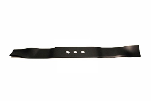 Czarny nóż do kosiarki o długości 53 cm, wykonany z metalu, z trzema otworami mocującymi. Widok z góry, ukazujący prosty kształt i gładką powierzchnię, idealny do zastosowania w modelach takich jak Nac Victus Lider Faworyt Hecht S530VHY-X.