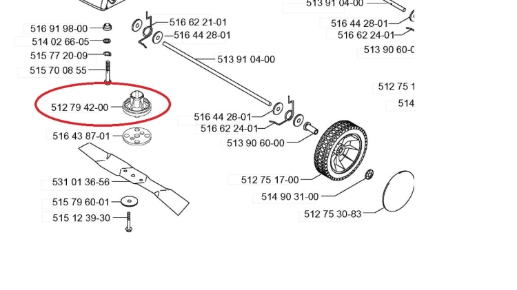 Metalowy adapter noża do kosiarki Husqvarna M46, cylindryczny z wypustkami, srebrny, podświetlony z przodu, otoczony innymi elementami, na białym tle z czytelnymi oznaczeniami.
