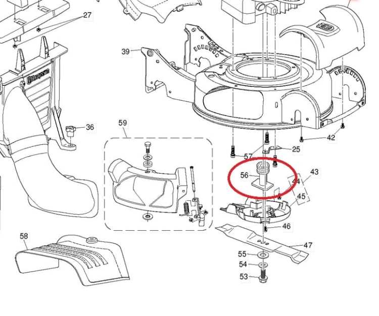 Adapter noża do kosiarki Husqvarna R 145SV w pozycji z boku na tle schematu, przedstawiający detale montażu. Oznaczenie elementu 56 jest wyraźnie zaznaczone, a obok znajdują się inne części, pokazując kontekst użytkowania.