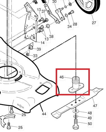 Adapter noża do kosiarek McCulloch M53-140WF, M51-140W, M53-150AWF, cylindryczny metalowy element z oznaczeniem, służy do mocowania noża, w komplecie elementy montażowe.
