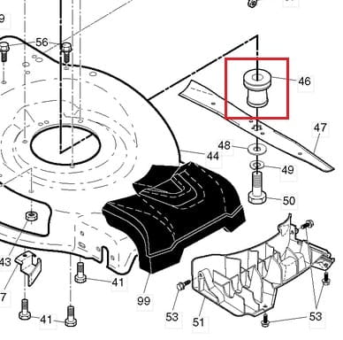 Adapter noża do kosiarki Husqvarna LC 356V, cylindryczny element mocujący z oznaczeniem 46 obok ostrza, na tle wirnika i innych części, widok techniczny w poziomie.