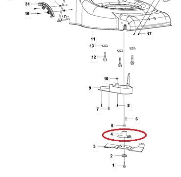 Adapter noża do kosiarki Husqvarna LC 140 i LC 140 S, w jasnoszarym kolorze, przedstawiony w zbliżeniu. Element zamontowany w pozycji leżącej, z widocznymi detalami mocowania oraz oznaczeniami. Tło proste, neutralne.