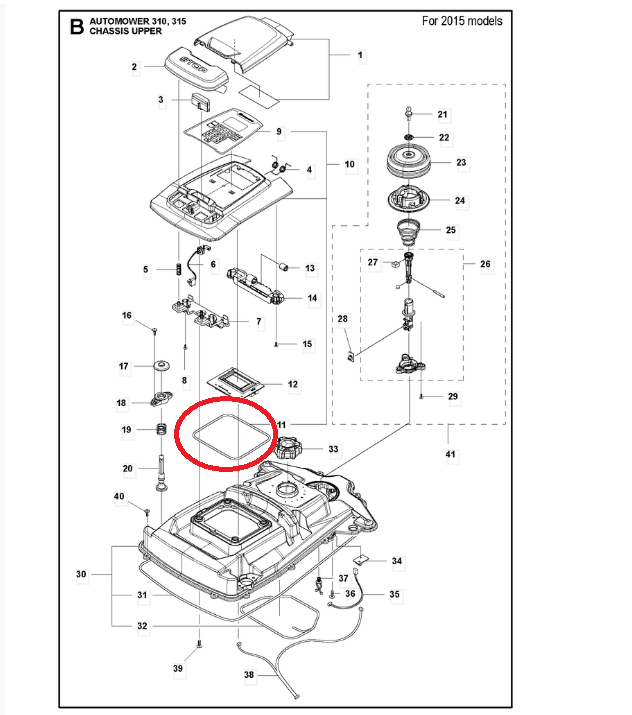 Prostokątna uszczelka ekranu robota koszącego Husqvarna Automower 310, ciemnoszara, montowana na górze urządzenia, bez napisów, na białym tle.