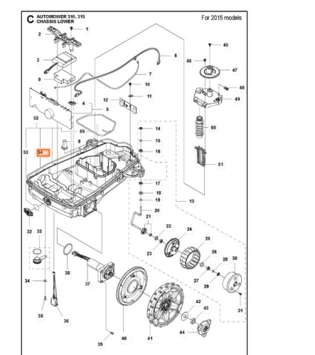 Pas uszczelniający podwozia robota koszącego 310 Automower w kolorze szarym, o prostokątnym kształcie. Widoczny fragment produktu, pokazany w zbliżeniu. Wyraźne detale mocowania i krawędzi. Tło białe, co podkreśla jego krawędzie.