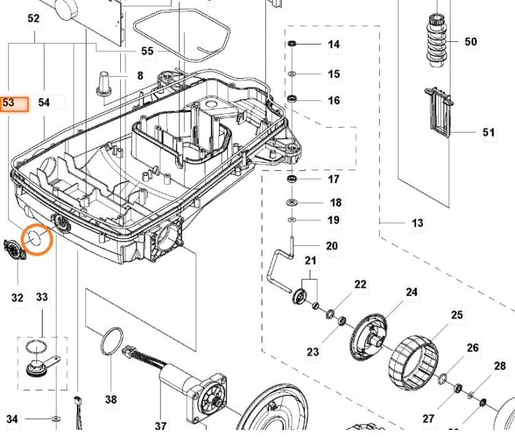 Filtr powietrza do robotów koszących Automower Husqvarna, prostokątny, przezroczysty korpus z tworzywa sztucznego, z otworami montażowymi i czytelnymi oznaczeniami.