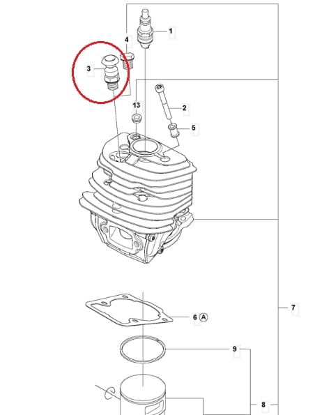 Zawór dekompresyjny do pilarek Husqvarna 545/550/560, widok boczny na tle schematu. Cylindryczny, stalowy z gwintem u podstawy i okrągłą głowicą. Montaż na silniku widoczny na strukturze silnika.