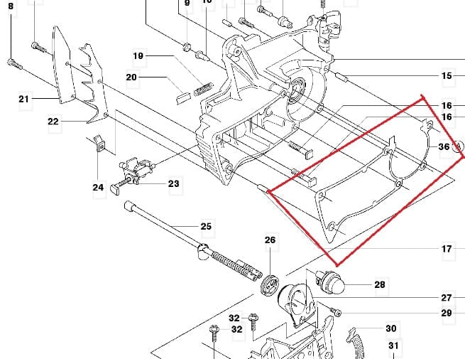 Zestaw gumowych uszczelek do pilarki Husqvarna 346 XP, zawiera kilka elementów z numerami ID, widoczny na białym tle. Uszczelka prostokątna podkreślona na schemacie, przeznaczona do mechanizmu pilarki.