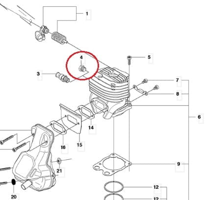 Korek zaślepka zaworu dekompresyjnego do przecinarki K760. Metalowy element w kształcie cylindrycznym, z wewnętrznym gwintem. Widoczny na schemacie obok innych komponentów, znajduje się w górnej części silnika.