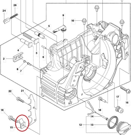 Wychwytnik łańcucha do pilarki Husqvarna 435/445/450, metalowy prostokątny z wyciętą krawędzią, montowany przy silniku, zabezpiecza łańcuch podczas pracy, zawiera oznaczenia techniczne.