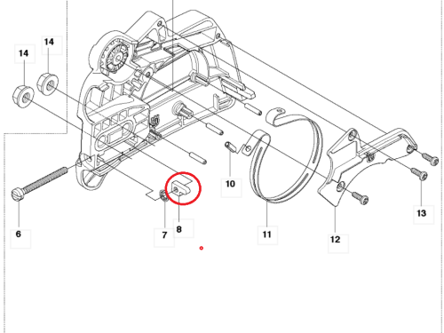 Wodzik napinacza łańcucha do piły spalinowej Husqvarna 120Mark II/236, wykonany z metalu, ma prostokątny kształt, z widocznym otworem na mocowanie. Obiekt przedstawiony w ujęciu z boku, na białym tle, umożliwiającym dobrą widoczność detali.