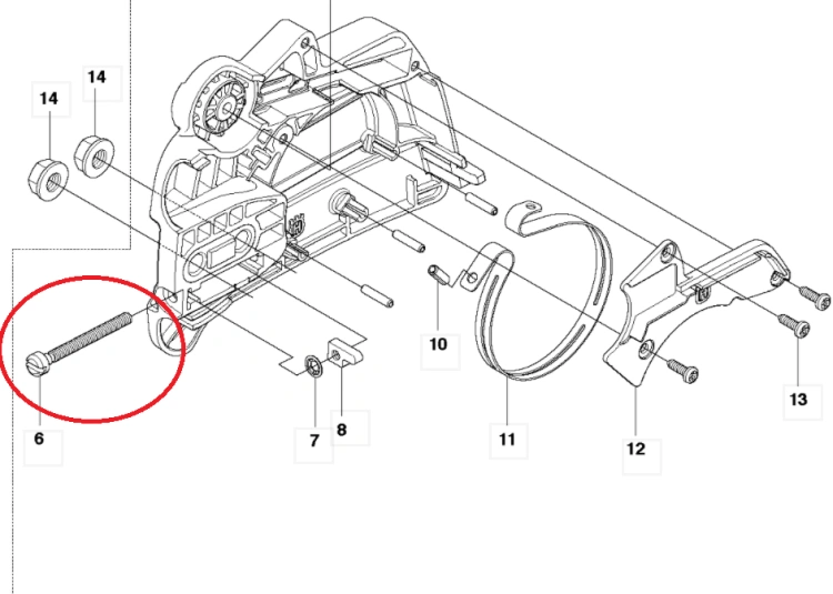 Śruba napinacza łańcucha do pilarki Husqvarna 120Mark II/236, metalowa, o cylindrycznym kształcie z widocznym gwintem. Produkt leży poziomo na schemacie, z widoczną główką. Perfekcyjna do stabilizacji napinacza łańcucha w narzędziu.