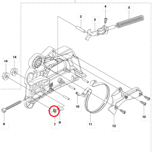 Metalowy pierścień zabezpieczający napinacz łańcucha pilarki Husqvarna 120Mark II/236, okrągły, umieszczony z boku schematu, na białym tle, zaznaczony na rysunku, mocuje napinacz łańcucha.