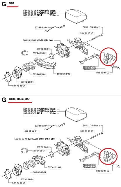 Wyłącznik do pilarki spalinowej Husqvarna 340, 345, 350, w kolorze czarnym, z białymi detalami. Ujęcie z boku, zbliżenie na szczegóły. Obecne mocowania oraz widoczne napisy. Element nowy, gotowy do montażu. Brak kontekstu użytkowania.