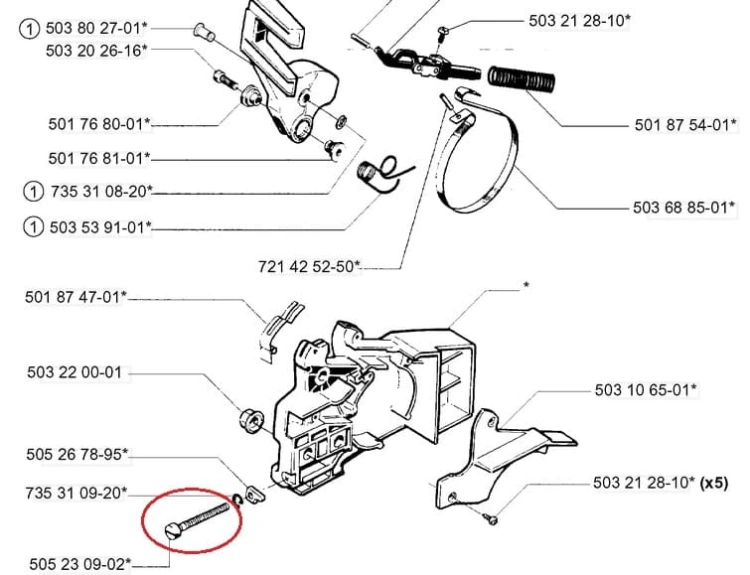 Śruba napinacza łańcucha do piły Husqvarna 40, metalowa z płaskim łbem, gwintem, widoczna z boku na tle części, zapewnia trwałość i precyzyjne dopasowanie do mechanizmu napinacza.