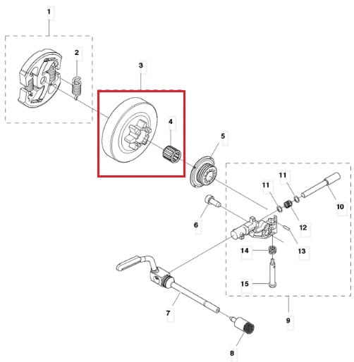 Bęben sprzęgła do Husqvarna T540XP/T540XP II, okrągły, metalowy z wycięciami i gwintem, pokazany z boku w schemacie, bez dodatkowych kolorów czy ozdób.