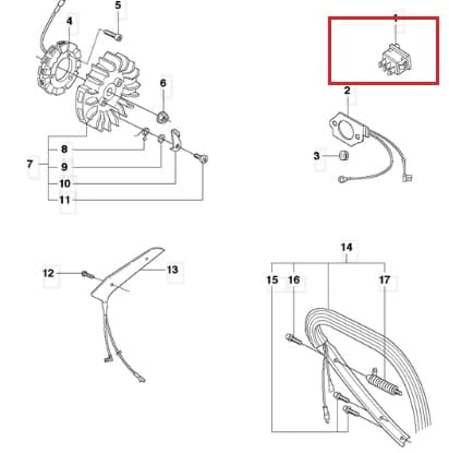Wyłącznik zapłonu pilarki Husqvarna 372 XP, szary, prostokątny, z widocznymi stykami na białym tle, ukazany w zbliżeniu jako element mechaniczny.