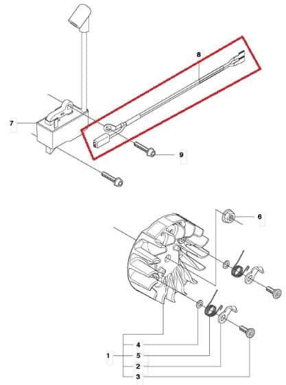 Wiązka przewodów do instalacji elektrycznej Husqvarna 435/440, widoczna w poziomie. Metalowe obudowy z różnymi złączami, w odcieniach szarości i czerni. Bliżej widać szczegóły złączy oraz numerowane oznaczenia dla montażu.