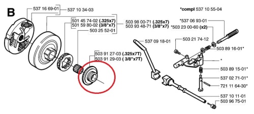 Ślimak pompy oleju do pilarki 357XP, metalowe stożkowe koło z centralnym otworem. Gładka powierzchnia, widoczne gwinty i oznaczenia, zbliżenie układu mechanicznego.