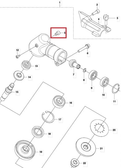 Metalowa śruba przekładni do Husqvarna 235R, cylindryczna, z widocznym gwintem i główką, pokazana na schemacie w zbliżeniu wraz z innymi częściami maszyny.
