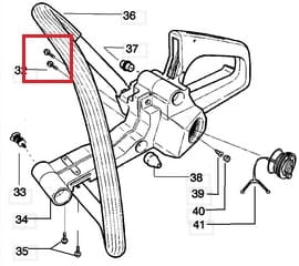 Śruba do wykaszarek i pilarek Husqvarna, McCulloch, Partner P351, metalowa, srebrna, o cylindrycznym kształcie. Widok ukazujący szczegóły gwintu oraz główkę śruby. Produkt leży w poziomie, na tle schematu z częściami narzędzia.