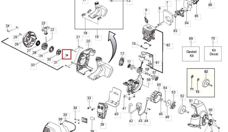 Śruba rozrusznika do wykaszarki Husqvarna 125R, metaliczna, o okrągłym kształcie, z gwintem. Ujęcie z bliska, pokazujące detale gwintu i kształt. Element wygląda na nowy, bez oznak zużycia, umieszczony na białym tle.
