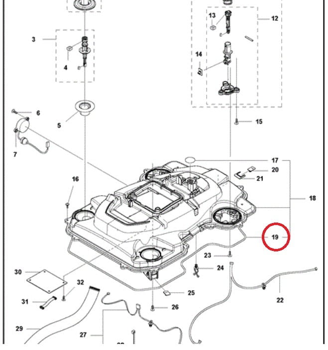 Czarny, elastyczny pas uszczelniający podwozia robotów Automower 420, 430x, 450x, numer 19 na diagramie. Zabezpiecza przed wilgocią, widok frontalny, złożony obiekt.