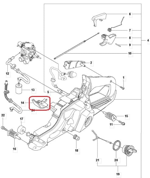 Osłona zbiornika paliwa do pilarki Husqvarna 555, czarna, plastikowa. Widok z boku z widocznym mocowaniem. Proste tło podkreśla produkt. Chroni zbiornik paliwa.